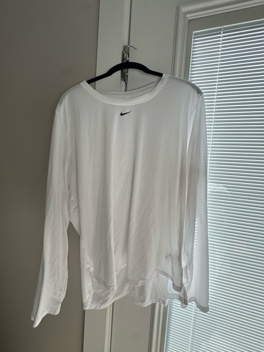 Nike White Dri-FIT Long Sleeve Top with Black Swoosh